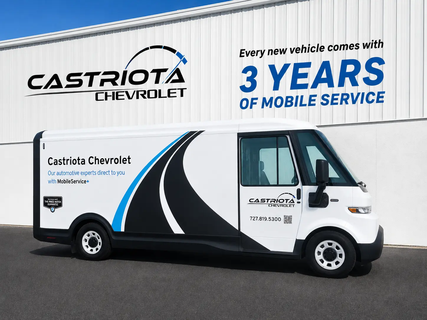 White Castriota Chevrolet mobile service van parked at a dealership, promoting 3 years of mobile service.